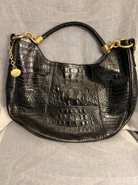Brahmin Black Croc-Embossed Leather Kathleen Hobo Bag with Gold Hardware